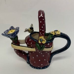 Heather Goldminc Clayworks Blue Red Flower Bee Polka Dot Watering Pot Figurine